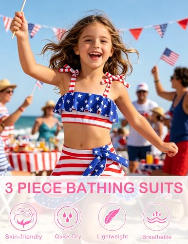 Image of ALISISTER Girls Swimsuit 3 Piece Bathing Suits Flounce Bikini Tankini Set Beach Swimwear with Cover Ups Skirt for 3-8 Years