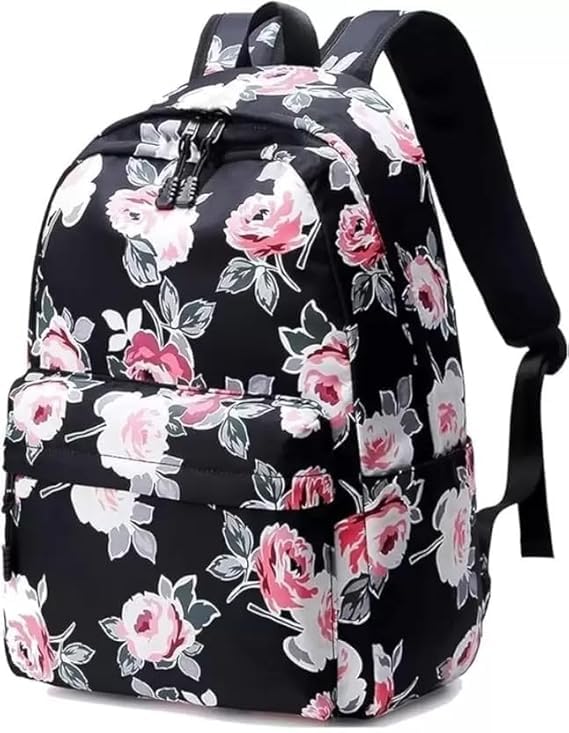 Floral Print Casual Backpack for Girls & Women | Stylish Lightweight School College Travel Bag with Front Pocket | Black Flower Design Backpack-image-31