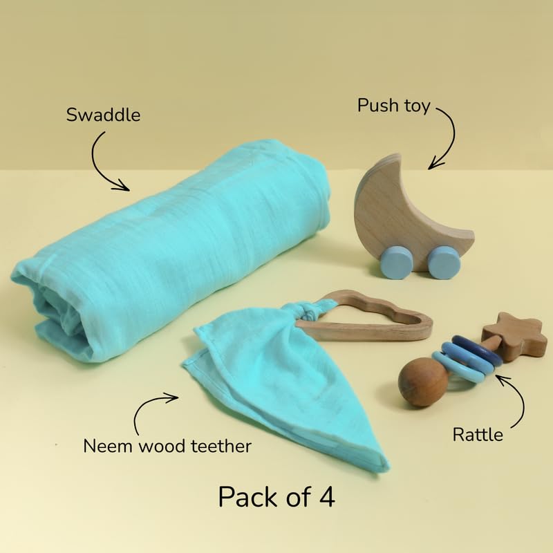 Image of Baby Gift Set - Chand Tara | Newborn Gift Set with Muslin Swaddle, Wooden Rattle, Rolling Toy & Neem Wood Teether | Handmade in India | Non Toxic Baby Gift