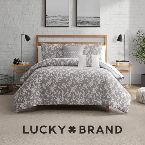 Lucky Brand Fiora Floral Grey Comforter Set with Pillows - Full/Queen Size - 5 Piece Luxurious Bedding Ensemble
