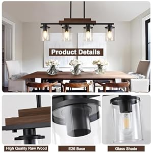 Pendant Lights Kitchen Island, 4-Light Farmhouse Chandeliers for Dining Room, Black Linear Chandelier with Clear Glass Shades, Modern Rustic Wood Chandelier with Adjustable Height Pendant Lights Kitchen Island 4 Light Farmhouse Chandeliers for Dining Room Black Linear Chandelier with Clear Glass Shades Modern Rustic Wood Chandelier with Adjustable Height