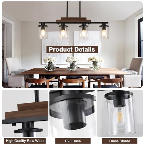 Pendant-Lights-Kitchen-Island-4-Light-Farmhouse-Chandeliers-for-Dining-Room-Black-Linear-Chandelier-with-Clear-Glass-Shades-Modern-Rustic-Wood-Chandelier-with-Adjustable-Height Pendant Lights Kitchen Island 4 Light Farmhouse Chandeliers for Dining Room Black Linear Chandelier with Clear Glass Shades Modern Rustic Wood Chandelier with Adjustable Height