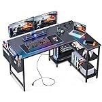 ODK 48 Inch Small L Shaped Gaming Computer Desk with Power Outlets, Corner Desk with Reversible Storage Shelves & PC Stand for Small Space, Modern Simple Home Office Table, Carbon Fiber Surface, Black
