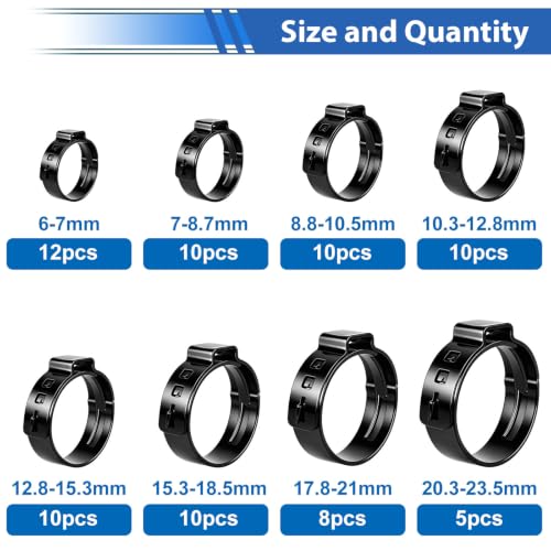 Image of 75Pcs 8-Sizes 304 Stainless Steel Black Single Ear Hose Clamps with Ear clamp plier 6-23.6mm Crimp Hose Clamps Assortment Kit for Auto /Home Appliance /Pipe /Fuel Line