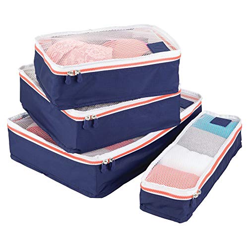 Preisvergleich Produktbild mDesign 4er-Set Aufbewahrungsbox mit Reißverschluss Packtasche für Handgepäck, Koffer oder Reisetasche atmungsaktive Wäschebox aus Polyester mit Netzeinsatz marineblau, weiß und orange