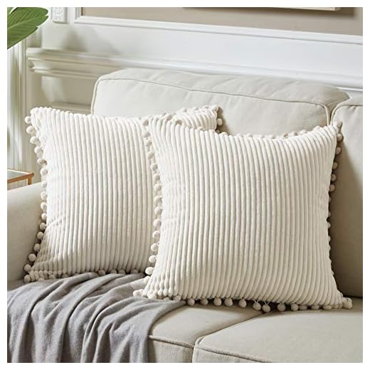 Fancy Homi Pack of 2 Boho Decorative Throw Pillow Covers with Pom-poms, Soft Corduroy Accent Solid Square Cushion Case Set for Couch Sofa Bedroom Car Living Room (18x18 Inch/45x45 cm, Cream)