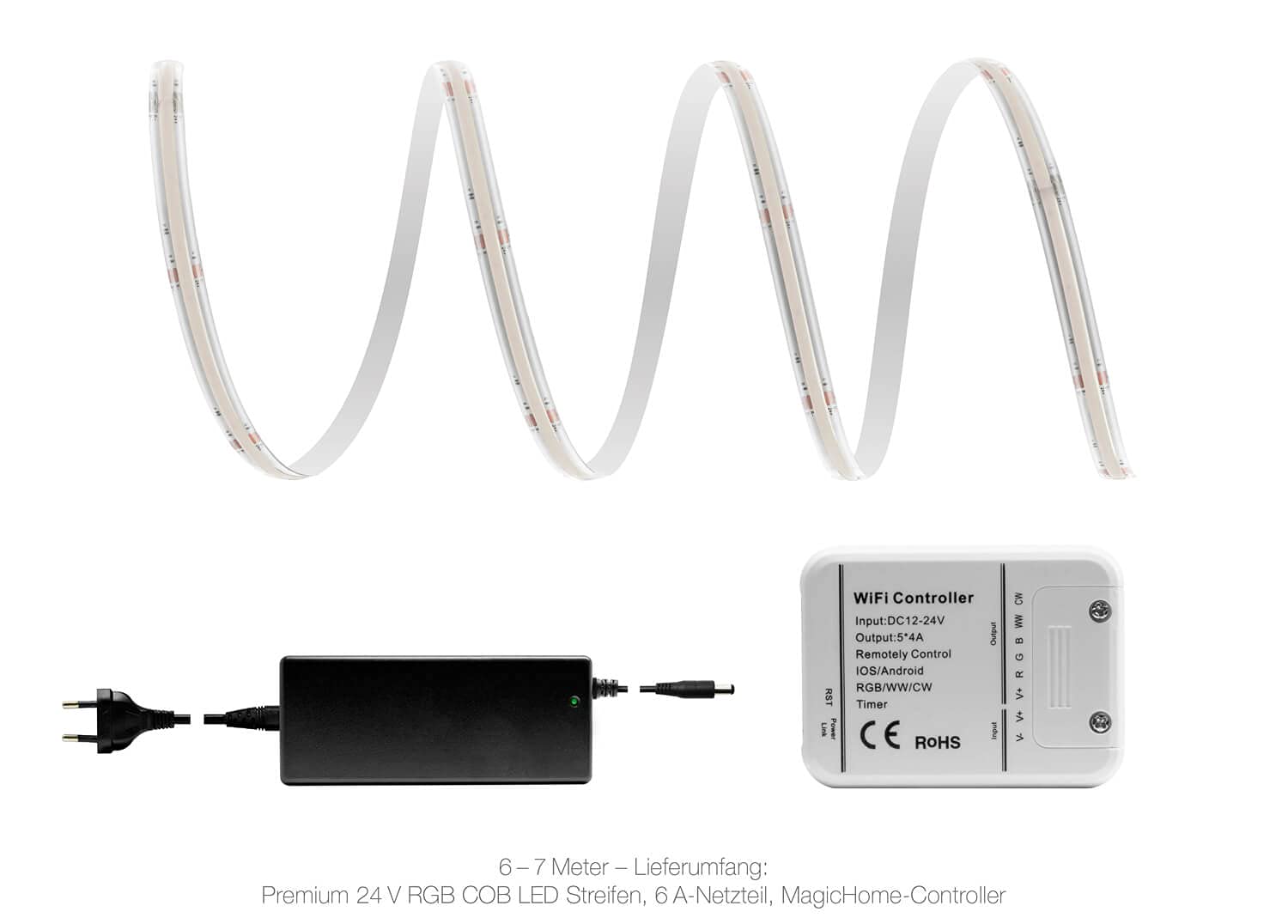 LED Universum Juego de tiras LED COB WLAN RGB con controlador Magic Home y fuente de alimentación, filamento premium, 24 V, tiras LED IP65, multicolor (2 metros)