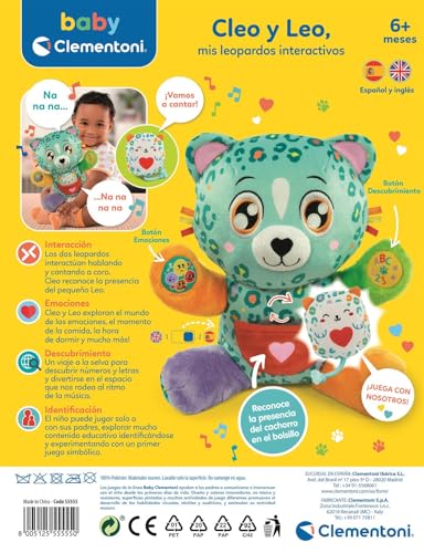 Miniatura 3 de Clementoni - Cleo y Leo Leopardos Interactivos, Peluche Interactivo para Bebés, Educativo, Multisensorial y Musical, A Partir de 6 Meses, Fabricado en Italia, 55555