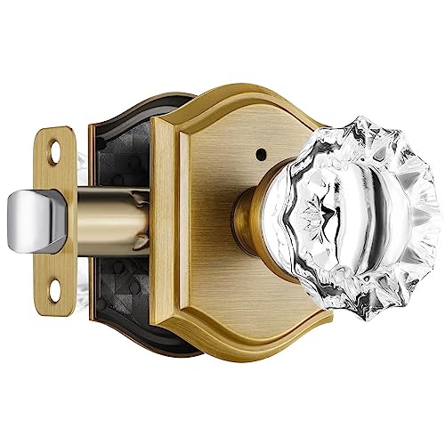 CLCTK Glass Door Knobs Interior, Vintage Style Privacy Crystal Door Knobs with Lock, Antique Brass Door Knobs for Bedroom Bathroom, Push Pin Button Inside Lock, 1 Pack