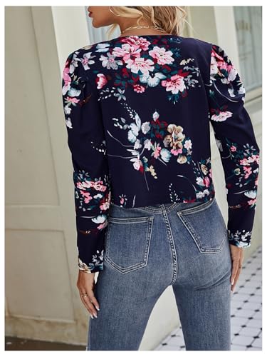 OYOANGLE Women's Floral Print Gigot Long Sleeve Open Front Jacket Lightweight Cropped Outwear2
