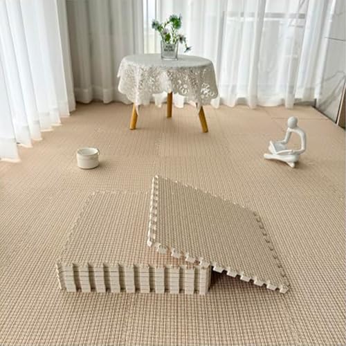 AHTCPO 9 Pieces Cotton Linen Puzzle Foam Floor Mat,Set Foam Floor Mat with Border, for Home Playroom, Yoga or Gym(Brown,4p)