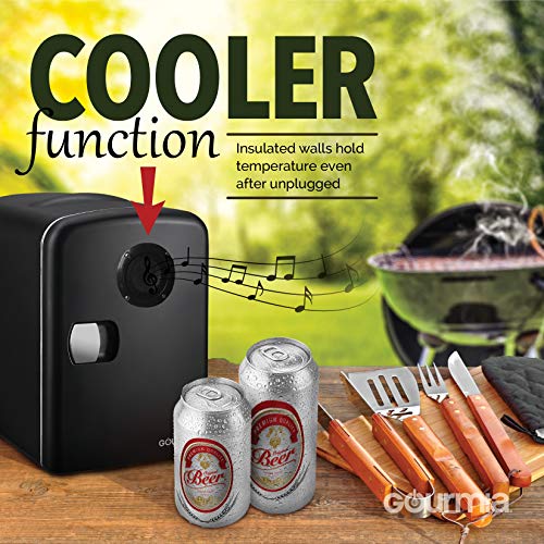 Gourmia GMF668 Thermoelectric Mini Fridge Cooler and Warmer - With Bluetooth Speaker - 4 Liter/6 Can - For Home, Office, Car, Dorm or Boat - Compact & Portable - AC & DC Power Cords - Black