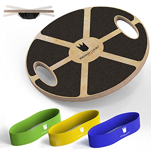 Premium Luxury® Balance Board en Bois + 3X Bandes de résistance | Planche à Bascule pour l'entraînement de Tout Le Corps | Entraîneur d'équilibre avec poignées Pratiques