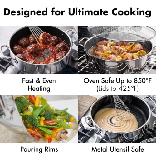 Image of OXO Trident Hybrid 12 inch Nonstick Stainless Steel Every Day Pan with Glass Lid, PFAS-Free Ceramic Jumbo Saute Skillet, Induction & All Cooktop Compatible, Dishwasher Safe, Mirror Polished Tri-Ply