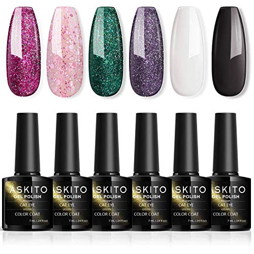 ASKITO Gel Nail Polish Set Glitter Pink Green Purple Rose White Black Gel Polish Kit Soak Off UV LED Gel Polish Set Nail Art Gel Manicure Kit, 0.24 Fl Oz