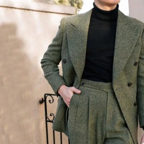 Men's Tweed Pants Herringbone Wool Pleated Front Dress Suit Slacks Trousers2