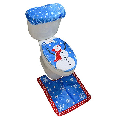 MrXLWhome Snowman Toilet Seat Cover Rug Set of 3, Bathroom Blue Christmas Holiday Decorations