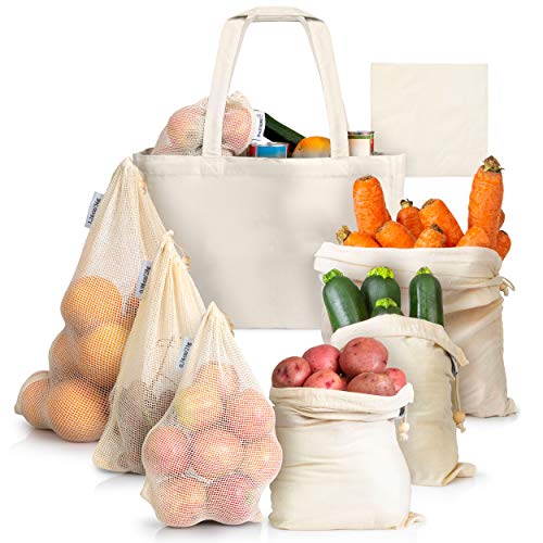 ArmStrong Reusable Produce Bags - Plastic-Free Grocery Bag Bulk Set - Eco-Friendly - Vegetable and Fruit Shopping Storage - Large Mesh Net and Organic Muslin - Food Carrying Sack