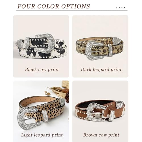 Womens Belts, Rivets Leopard Cow Pattern Belt for Jeans Dress Jeweled Hot Girl Glittered Waistband, Fashion Accessories3