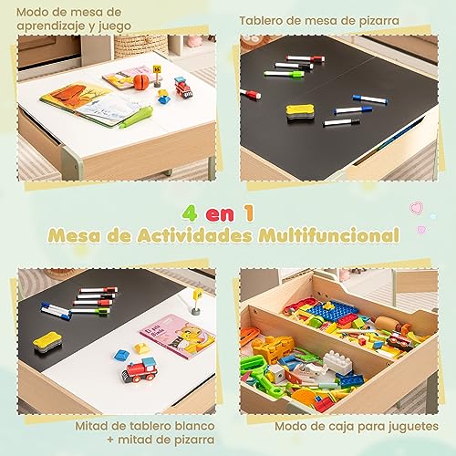Miniatura 2 de COSTWAY 4 en 1 Juego de Mesa y Silla Infantil, Mesa Infantil de Madera con 2 sillas, Manualidades, Dibujo, Lectura, Mesa Escritorio Infantilcon Almacenaje, Pizarra Desmontable para Guardería (Verde)