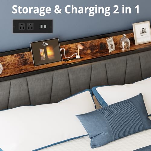 Image of LIKIMIO California King Bed Frame with 4 Storage Drawers, Platform Bed with Charged Headboard, Sturdy and Stable, No Noise, No Box Spring Needed, Easy to Install, Vintage Brown and Gray