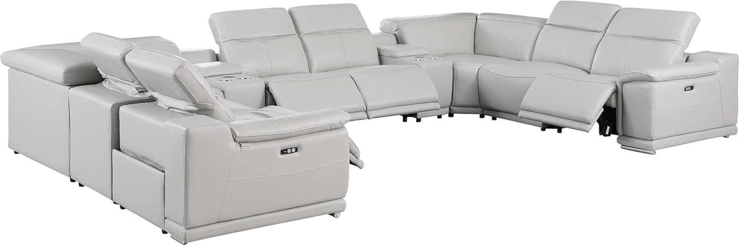 Blackjack Furniture Venice 10-Piece Top Grain Italian Leather Sectional Reclining Sofa Set with 4 Power Recliners, Adjustable Headrests, USB, Wireless Phone Charger &amp; Console Storage, Light Grey