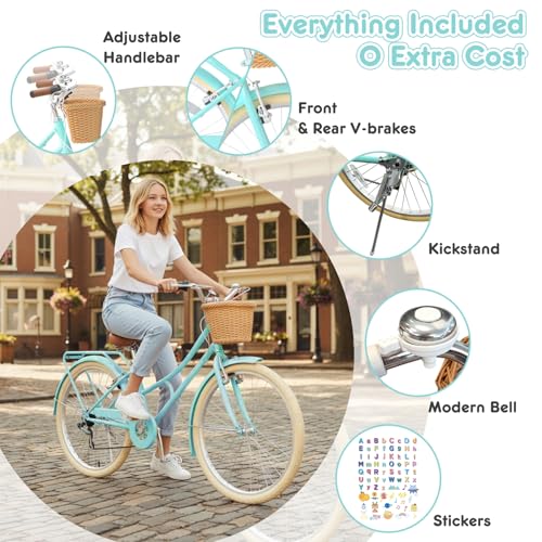 Image of XJD 20 24 26 Inch Girls Bike, 7-Speed Beach Cruiser Bike for Girls Youth and Over 6 Years Old, Kids Bicycles with Dual V-Brakes Rear Rack & Wicker Basket