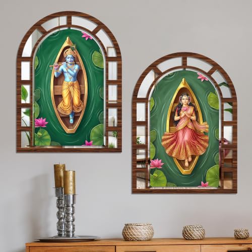 Image of Artvibes Cultural Radha & Krishna Wall Hanging Decor | Decorative Jharokha Mirror for Living Room, Bedroom, Hall, Prayer Room, Dining Room, Foyer & Entryway | Gift (WHJ 12049N), Set of 2