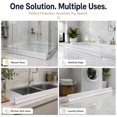 Image of Shower Water Barrier 1M, 5cm High Silicone Water Dam with Adhesive, Shower Threshold Strip & Bathroom Floor Water Stopper for Shower Door, Bathtub & Kitchen Sink, White