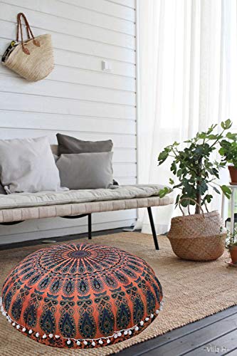 Radhy Krishna Fashions Floor Pillow Cover Decorative Mandala Pillow Sham Camel Indian Bohemian Ottoman Poufs Cover Pom Pom Pillow Cases Outdoor Cushion Cover (Orange Dye) #TOP3