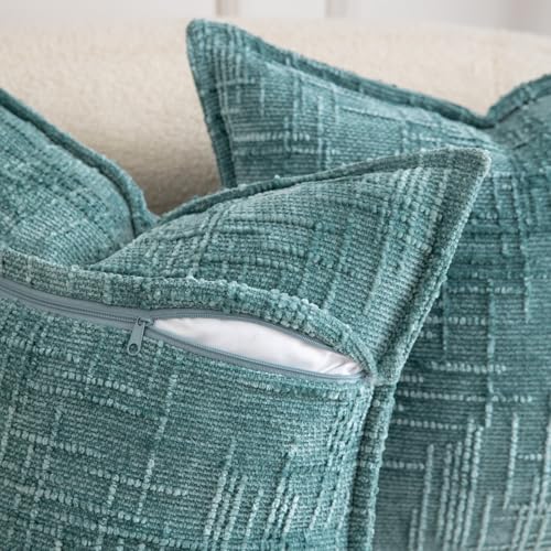 Image of MADIZZ Pack of 2 Chenille Throw Pillow Covers 16x16 Inch Teal Soft Neutral Decorative Throw Pillows for Couch Sofa Boho Accent Cushion Covers Modern Farmhouse Home Decor for Bedroom Living Room