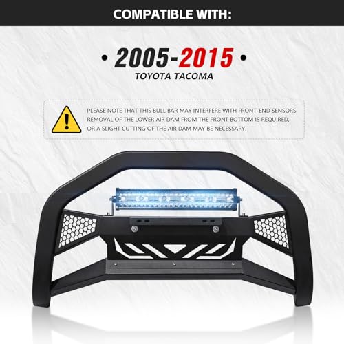 Image of YZONA Bull Bar with LED Light Bar & License Plate Frame Compatible for 2005-2015 Toyota Tacoma Front Grill Guard Grille, Truck Brush Guard, Bumper Push Bar (Include Skid Plate & Light Mount, Black)