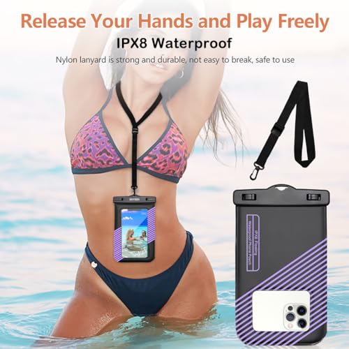 Waterproof Phone Pouch 2Pcs(S+L),Waterproof Phone Lanyard Case,IPX8 Floating Waterproof Phone Case Dry Bag for iPhone 1514 Pro 13 13 Pro Max 12 11 XR XS SE 2022/2020,Samsung S24 S23 S22 S21FE(Purple)