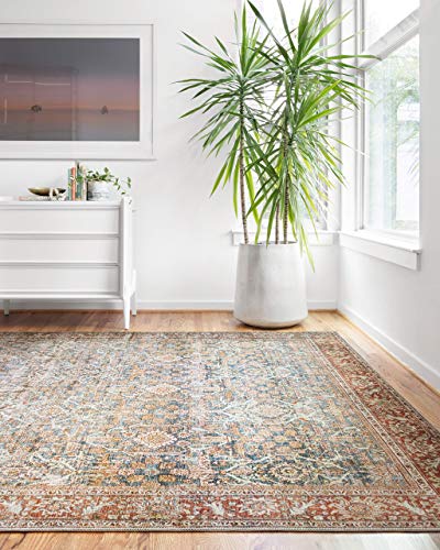 Loloi Layla Collection LAY-04 Ocean/Rust 2'-3" x 3'-9" .13" Thick Accent Rug, Soft, Durable, Vintage Inspired, Distressed, Low Pile, Non-Shedding, Easy Clean, Printed, Living Room Rug