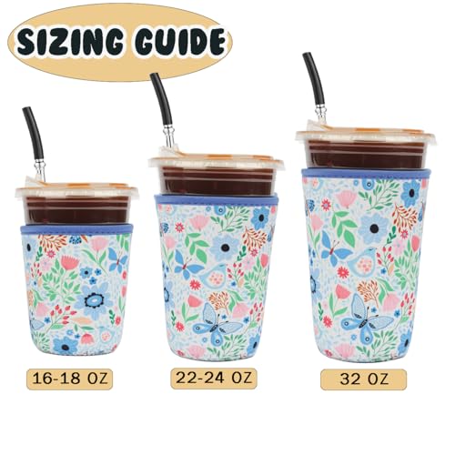 Image of Reusable 3-Pack Iced Coffee Cup Sleeve, Insulated Neoprene, Beverage Holder for Iced Coffee, Durable Drink Sleeve for Cold Beverages, Butterfly Bloom