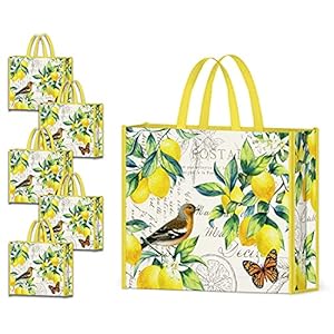 NymphFable 5 Pack Reusable Shopping Bags Lemons Bird Butterfly Washable Grocery Bags Fabric Tote Bag
