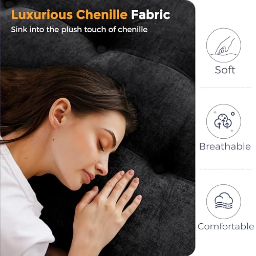 Image of MAXYOYO 6 inch Folding Sofa Bed for Floor, Tufted Tri-Fold Floor Mattress with Chenille Fabric, Queen Size Portable Sofa Couch Guest Mat for Adults, Foldable Topper for Camping, Black, Queen