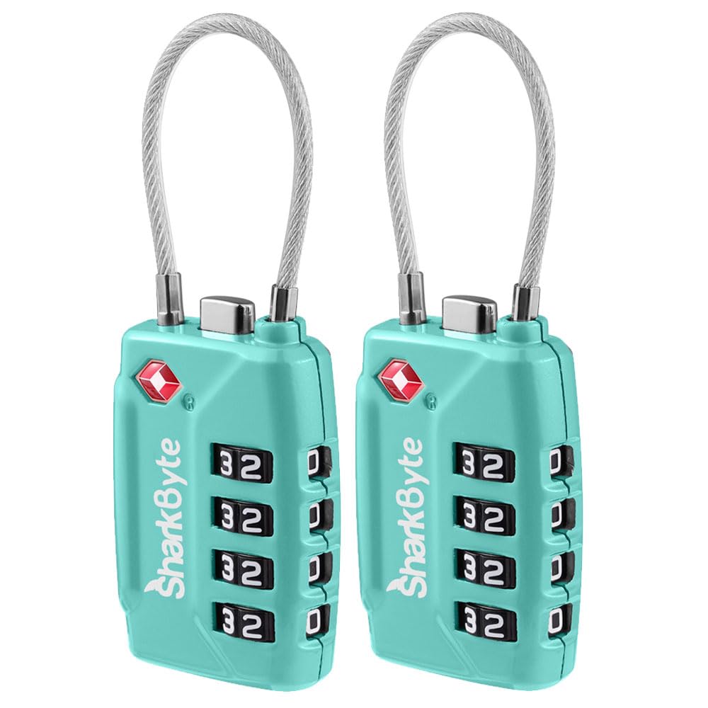 SharkByte TSA Approved Suitcase Locks - 4-Dial Security Travel Combination Padlock, Flexible Cable Wire Travel Lock for Suitcases, Luggage Locks, Travel Bag Gym Locker Small PadLock with code (2 Pack)