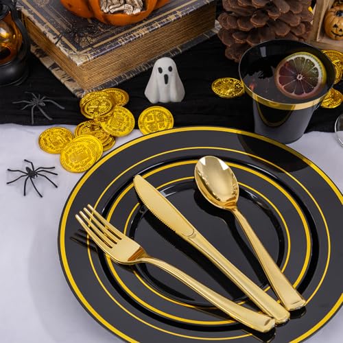 WELLIFE Disposable Dinnerware Set for Guests, Plastic Plates for Party, Including Dinner Plates, Salad Plates, Cups, Forks Knives Spoons for Wedding and Party Supplies - Image 8
