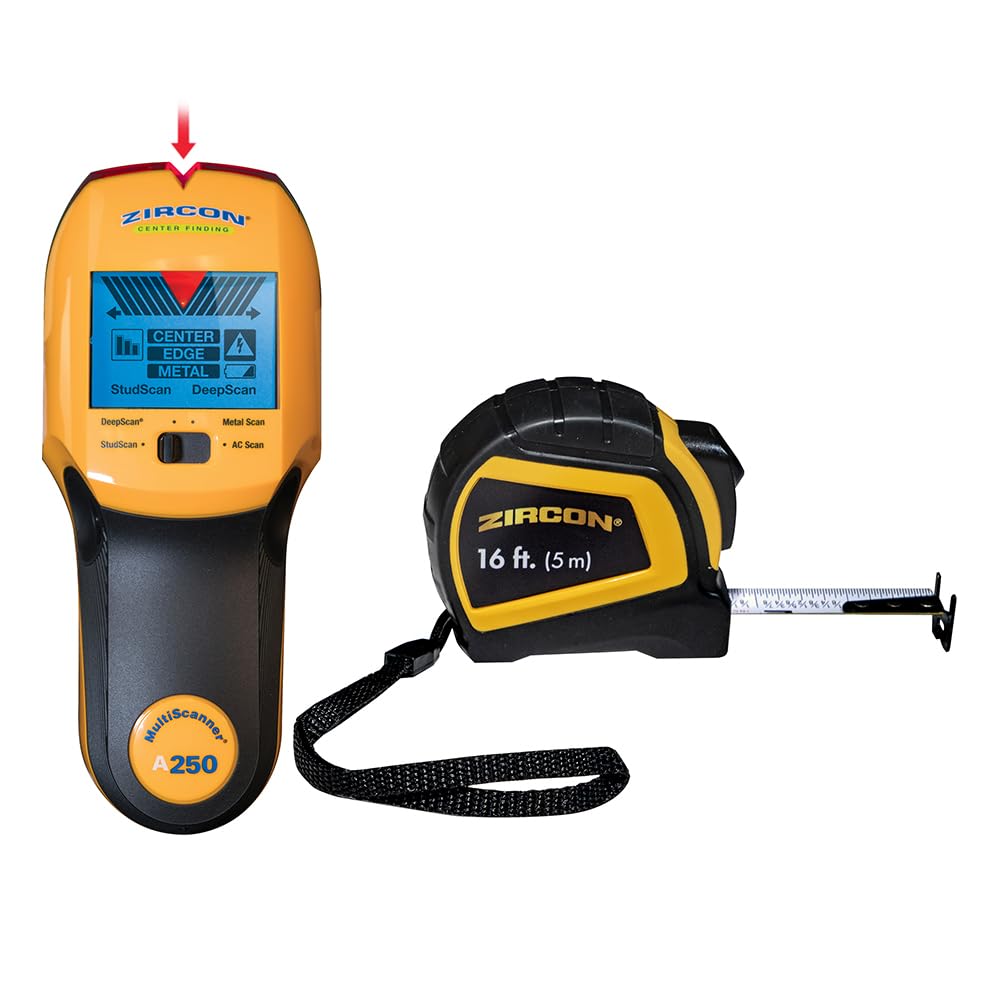 Zircon MultiScanner A250 All-in-One Stud Finder & Wall Scanner with Bonus Tape Measure — Metal Detector + Live AC Wire Scanner with ACT, SpotLite