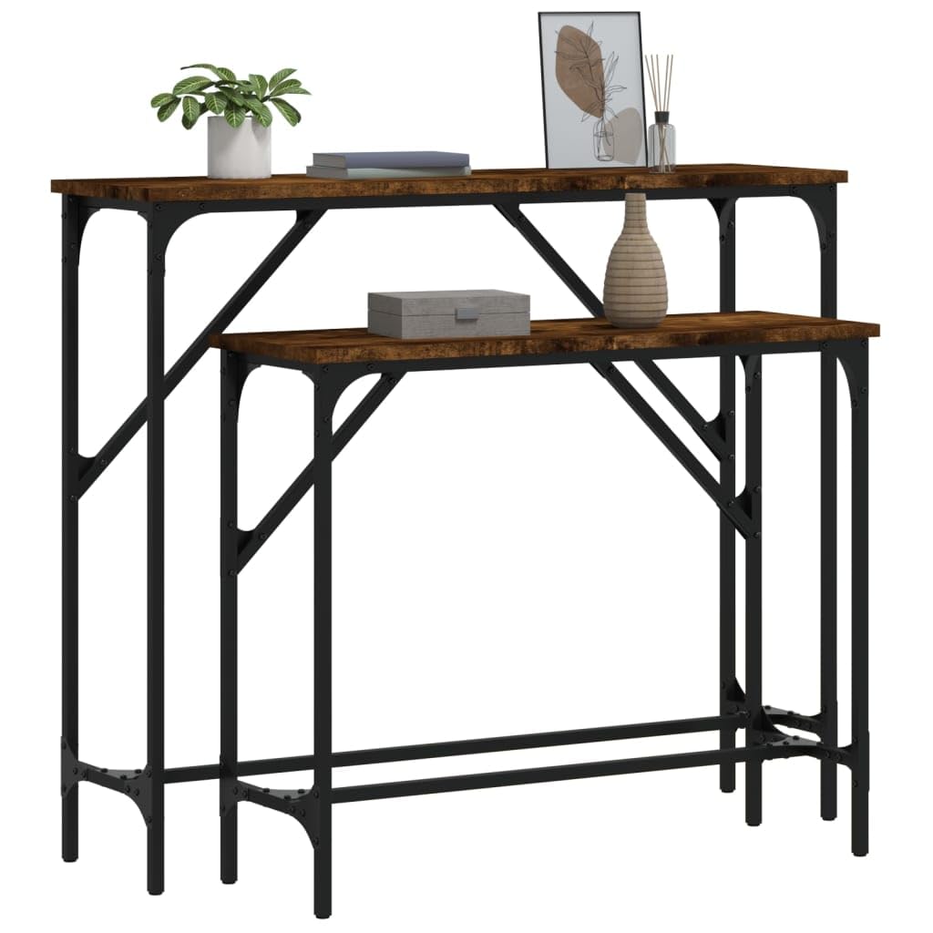Stoły konsolowe, zestaw 2 sztuk, drewno wędzone, rama metalowa, 95 x 26 x 80 cm, wejście do korytarza, salonu, stabilne stoliki pomocnicze do dekoracji i roślin