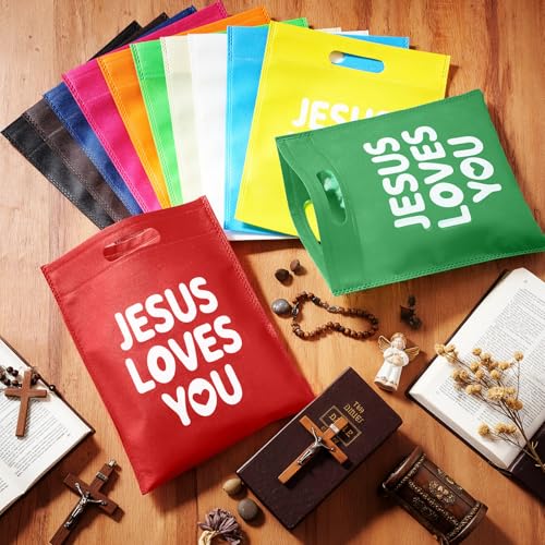 Image of VitalCozy 24 Pcs Jesus Loves You Bags Bulk Reusable Non Woven Christian Religious Gift Bag with Handle Mother's Day Candy Tote (Multicolor)