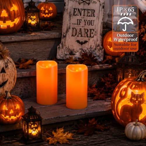 Image of Amagic 3 inchx6 inch Flameless Candles, Waterproof LED Pillar Candles, Set of 2 | Battery Operated Halloween Candles with Remote & Timer, Orange LED Pillar Lights for Outdoor, Patio, Home and Halloween Decor