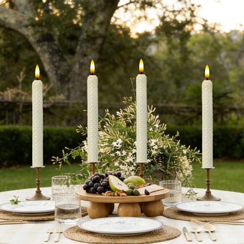 Image of Beeswax Honeycomb Flameless LED Taper Candles, 9.5 Inch Flickering Wax Candles with Remote & Timer, White Battery Operated Dripless Tapered Candle for Home Wedding Decor, 4 Pack