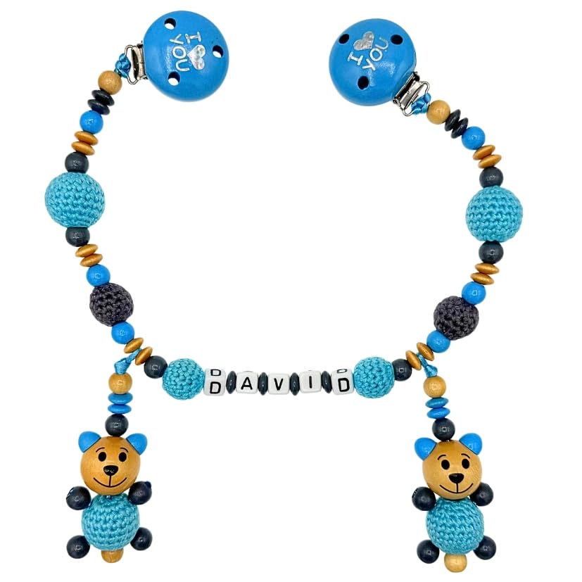 Set Nuckelkette + Kinderwagenkette mit Namen " 3D - BÄR MIT HÄKELKÖRPER " Skyblau Grau Natur/Baby/Unisex/Personalisiert/HANDMADE