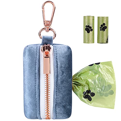 Image of ARING PET Velvet Dog Waste Bag Dispenser, Cute Blue Doggy Poop Bags Holders Attach to Any Leashes, Portable Washable Pet Waste Pouch Dispenser with Metal Zipper