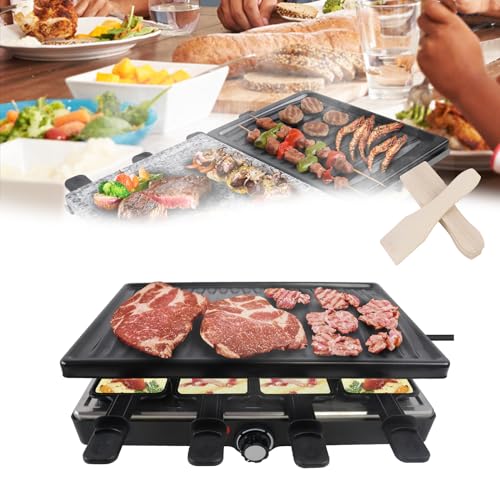 HENGMEI Raclette Grill, Barbacoa eléctrica de mesa de acero inoxidable con sartenes, plancha antiadherente y piedra natural para 8 personas, máx. 1400 W, color negro