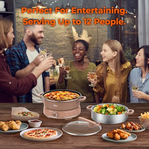 Image of Rosewill 12.7 QT Electric Hot Pot Slow Cooker with Multiple Functions, Split Design with 11.8 inch Wider Cooking Pot and SUS Steam Basket, 1600W High Power, Includes Utensils - Mocha