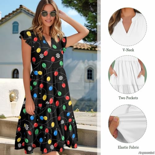 Image of Womens Summer Dress Ruffle Sleeve V Neck Dress Casual Fit Flowy Beach Vacation Sundress with Pocket S-2XL