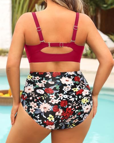 Image of Daci Women Plus Size High Waisted Two Piece Swimsuit Tummy Control Bikini | Twist Front,Ruched Tummy Control,High Waist,V Neck,Full Coverage,Retro,Removable Pads,Adjustable Straps